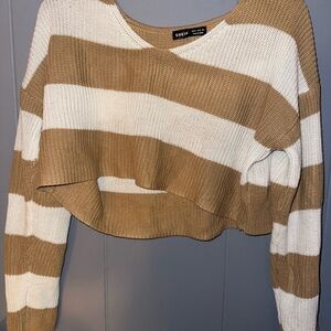 SHEIN Tan and White V-Neck Striped Sweater